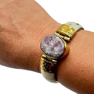 VINTAGE BONE HINGED CUFF BANGLE BRACELET BRASS ACCENTS GEMSTONE - NWOT